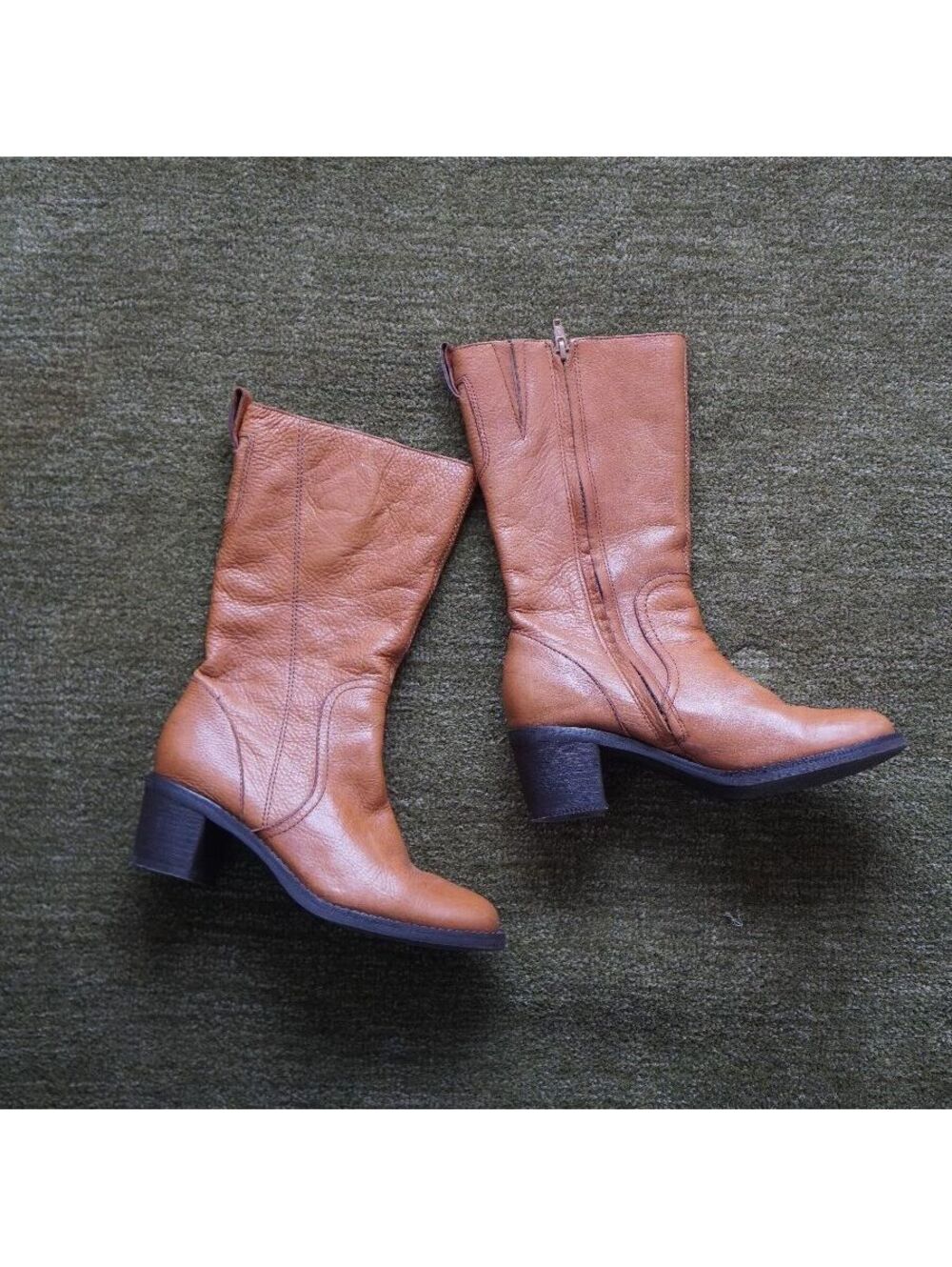 Women's Tan Leather Mid-Calf Boots Size 6.5M Block Heel